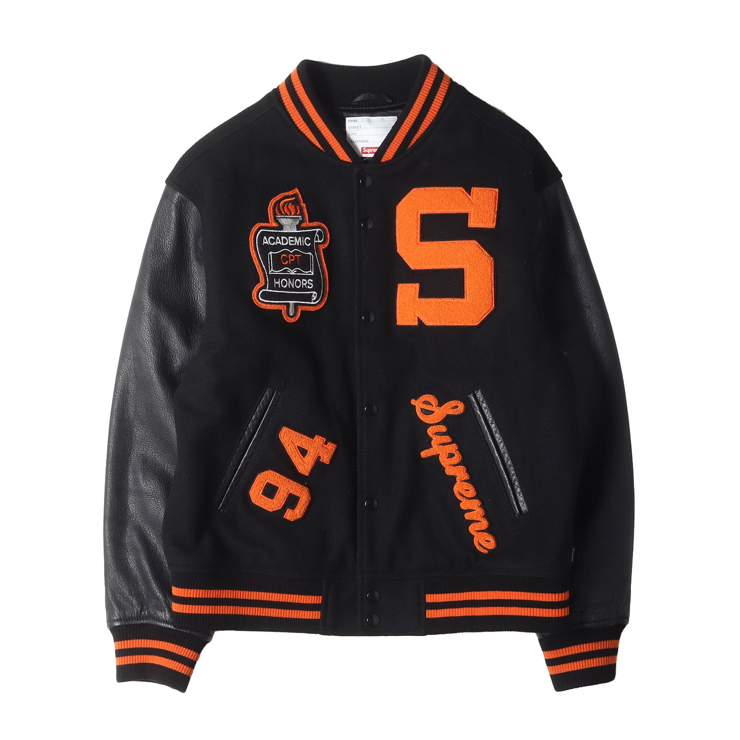 Supreme (シュプリーム) ワッペン付き 袖レザー バーシティジャケット
