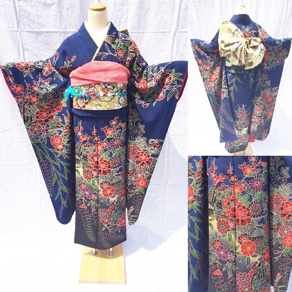 振袖レンタル｜深縹色の紅型振袖｜着物レンタルゆきの着付けサロン