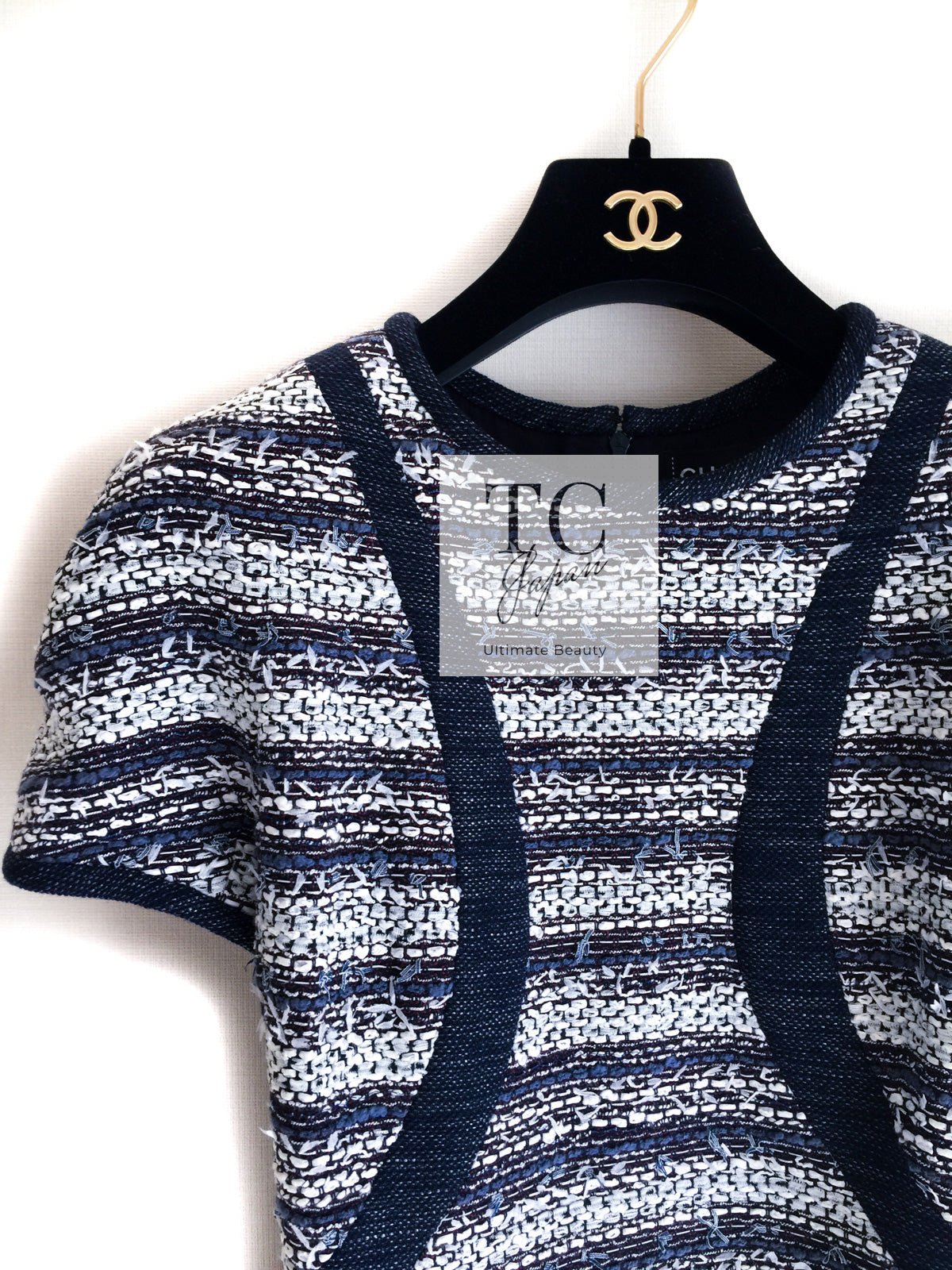 シャネル ワンピース CHANEL ネイビー ホワイト ストライプ柄 コットン