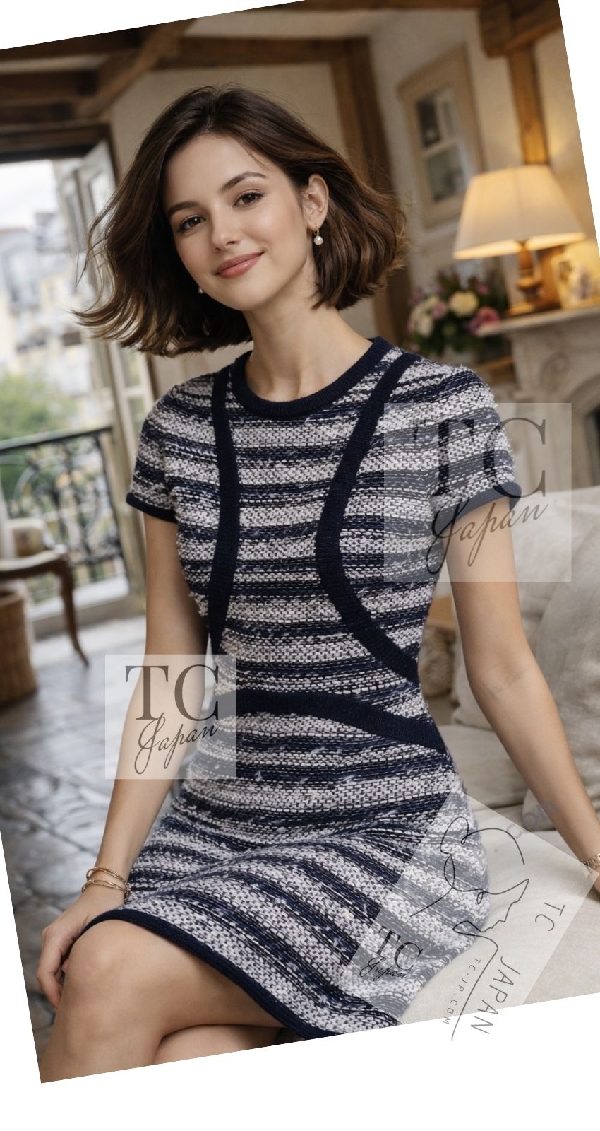 シャネル ワンピース CHANEL ネイビー ホワイト ストライプ柄 コットン