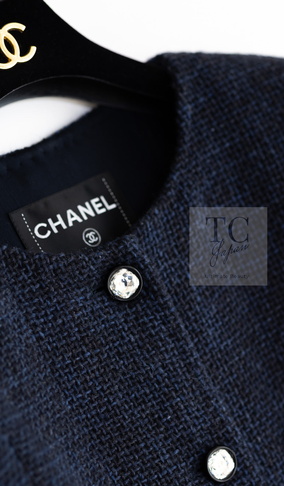 シャネル ジャケット CHANEL ブラック ネイビー 紺 クリスタル CC ロゴ