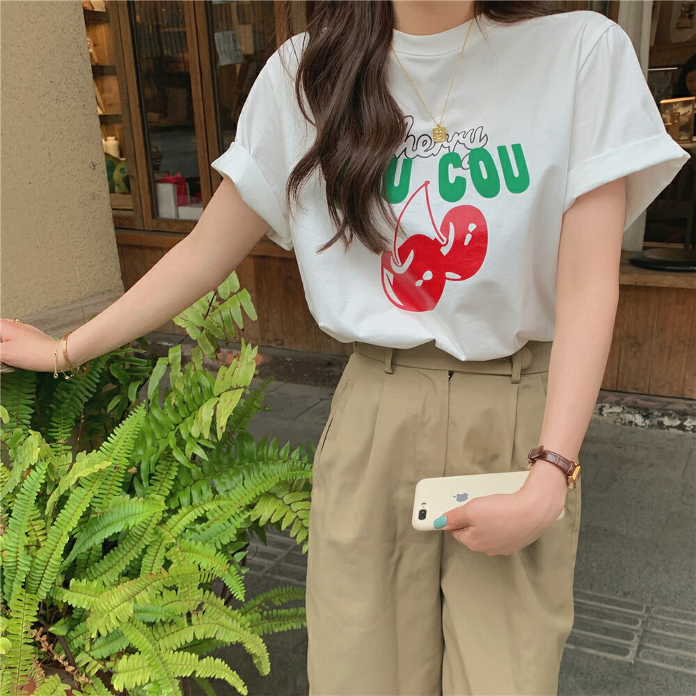楽天市場】チェリー ロゴ Tシャツ 半袖 トップス カットソー 白