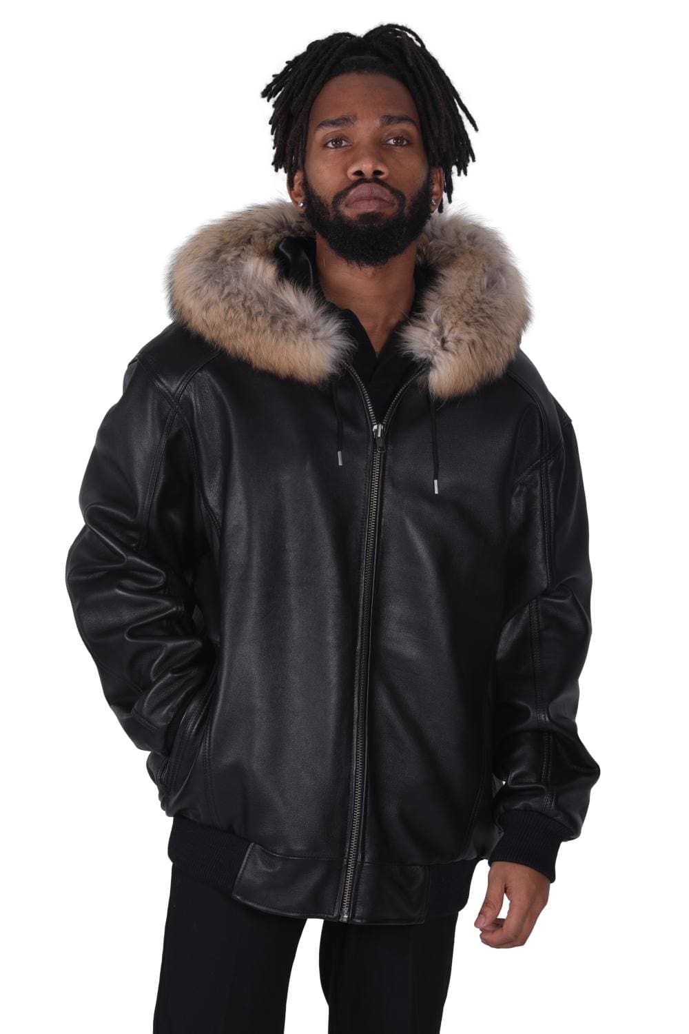 Black Lamb Leather Zip Parka with Gold Finnish Raccoon Trim - A.J.