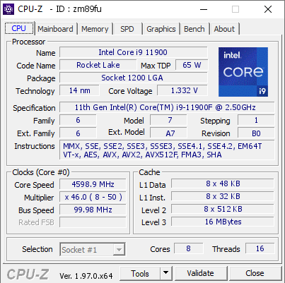Intel Core i9 11900 @ 4598.9 MHz - CPU-Z VALIDATOR