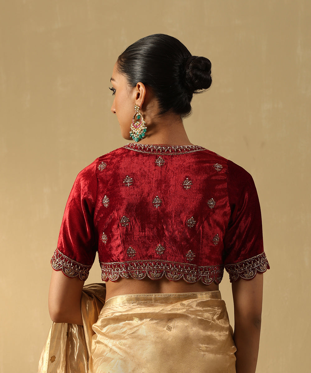 Rust Maroon Hand Embroidered Zardozi Silk Velvet Blouse With