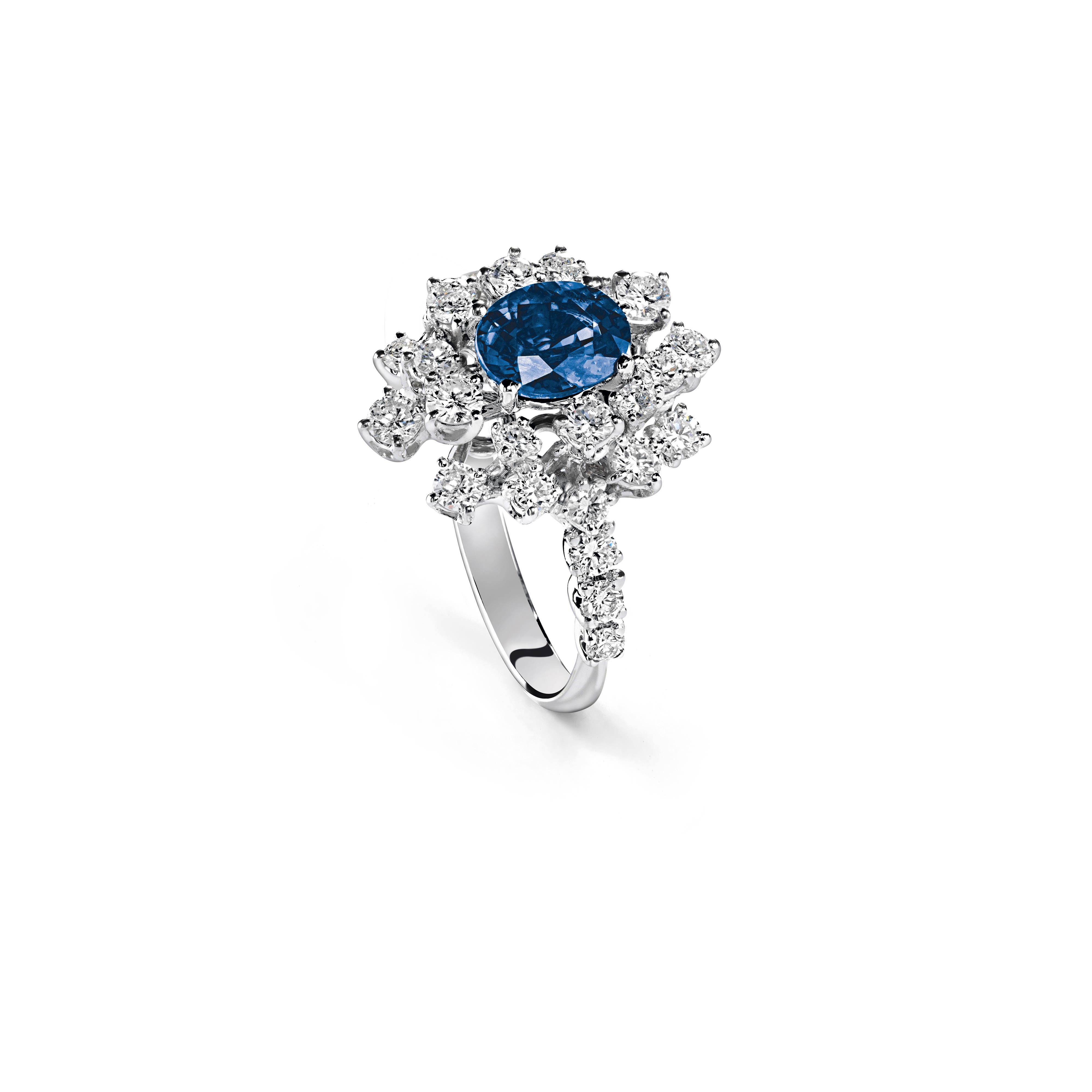 ホワイトゴールド、ダイヤモンド（複数）、サファイアリング - Damiani