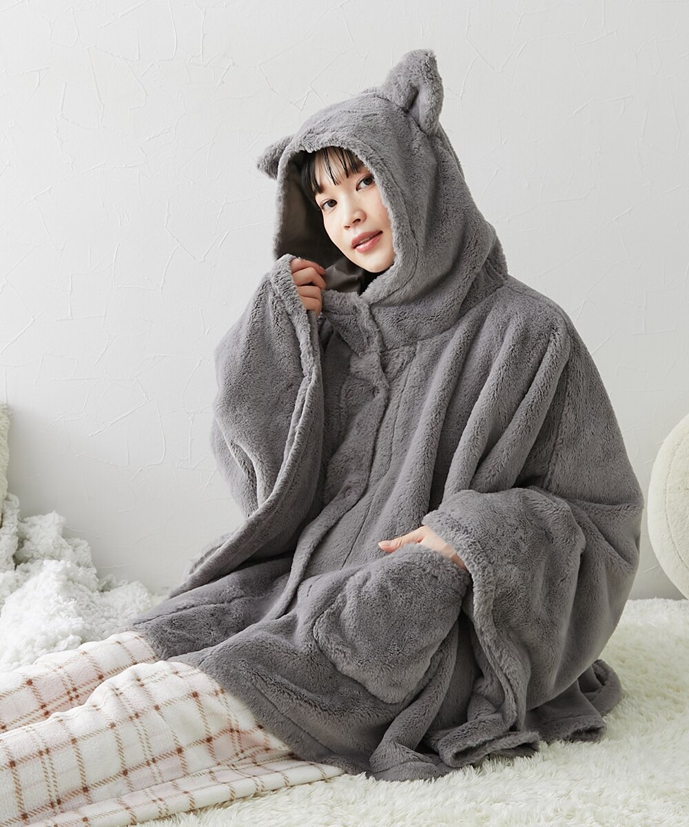 着れば猫 耳付き前開きルームポンチョ 通販【ニッセン】