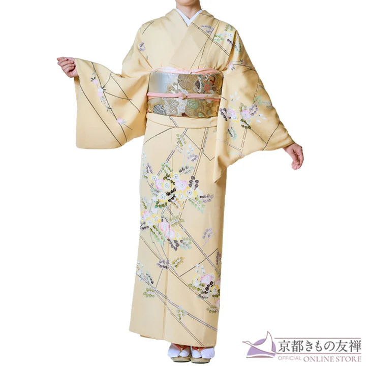 a2211301】【レンタル】訪問着 フルセット 黄色 花柄 Mサイズ Lサイズ