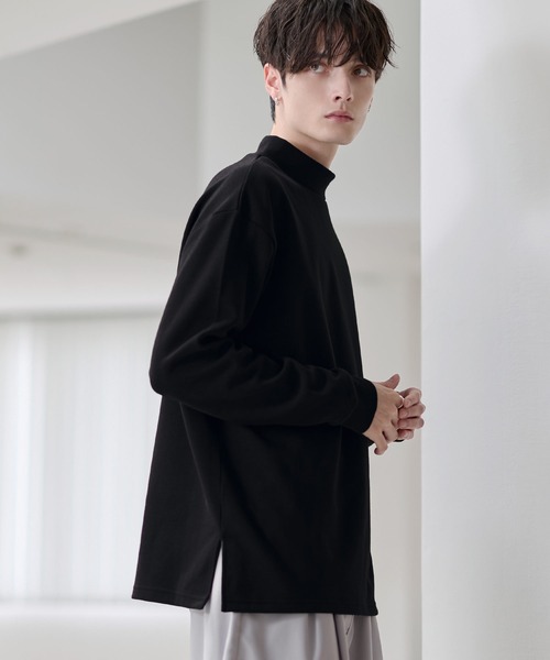 tシャツ コットンポンチ/フェイクスウェード モックネックロングT