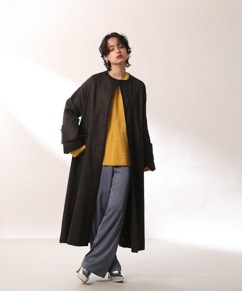 Limue ノーカラーコート コート 配色ラインワイドスリーブノーカラー