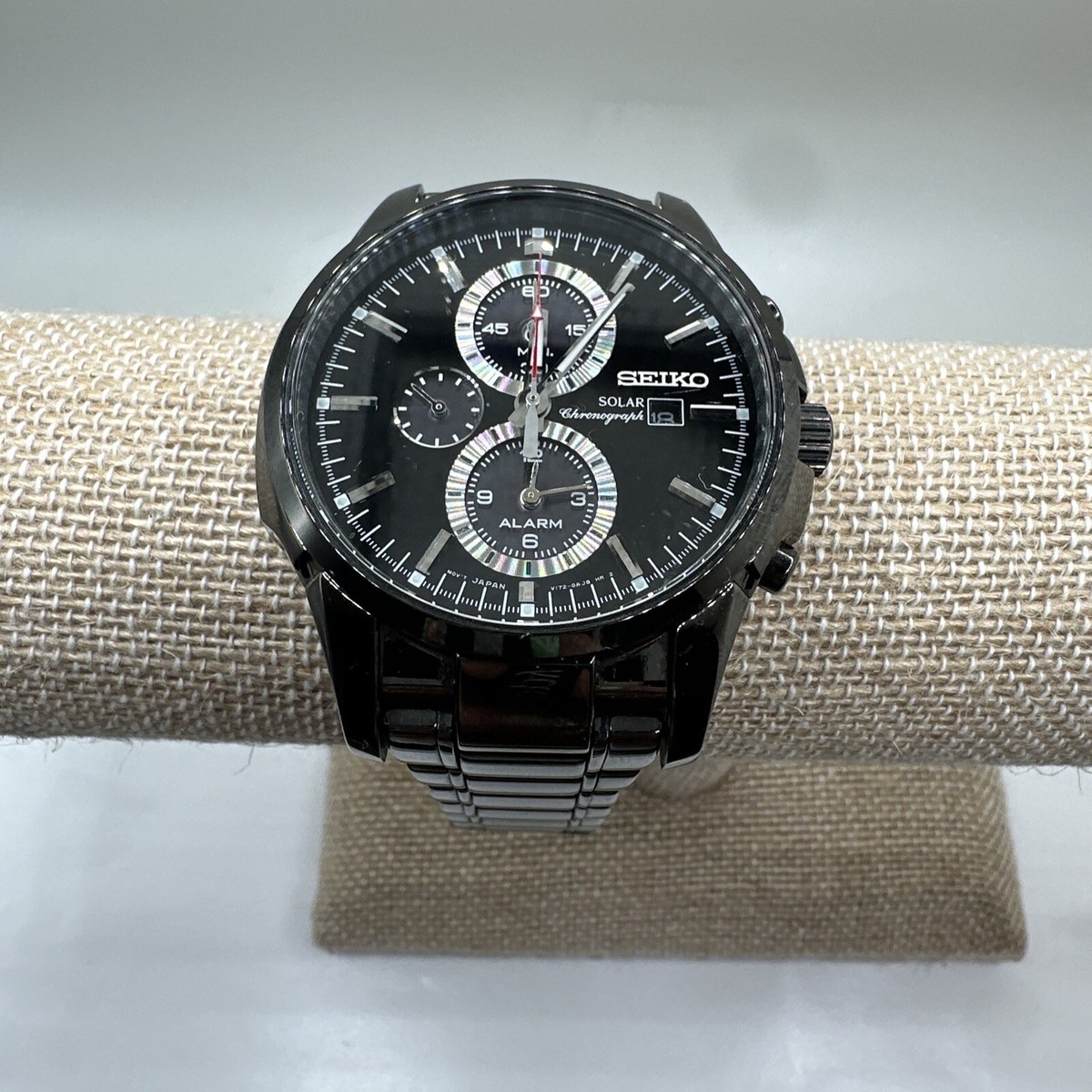 Seiko Men's Solar Chronograph Black Stainless Steel Alarm 43mm