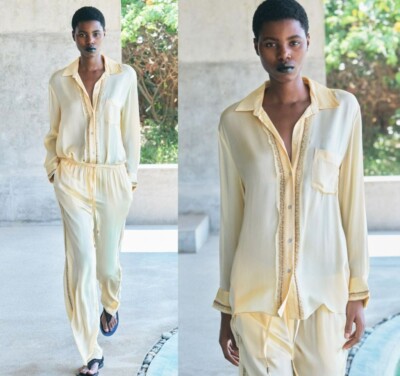 NWT $180 ZARA EMBROIDERED SATIN EFFECT SHIRT + PANTS SET ZW