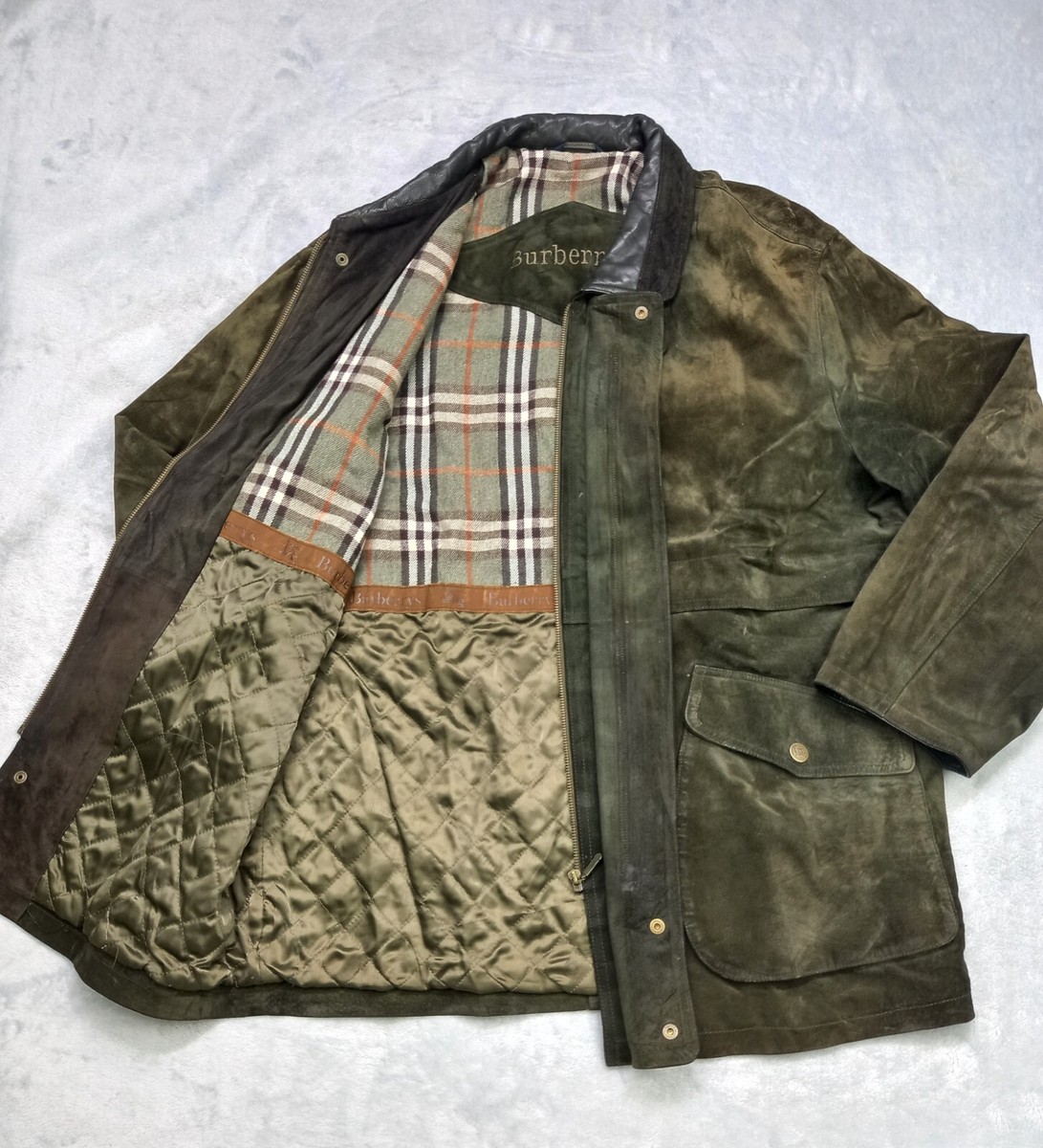 Vtg 80s BURBERRYS Green Suede Leather Wool Lined Nova Check Jacket