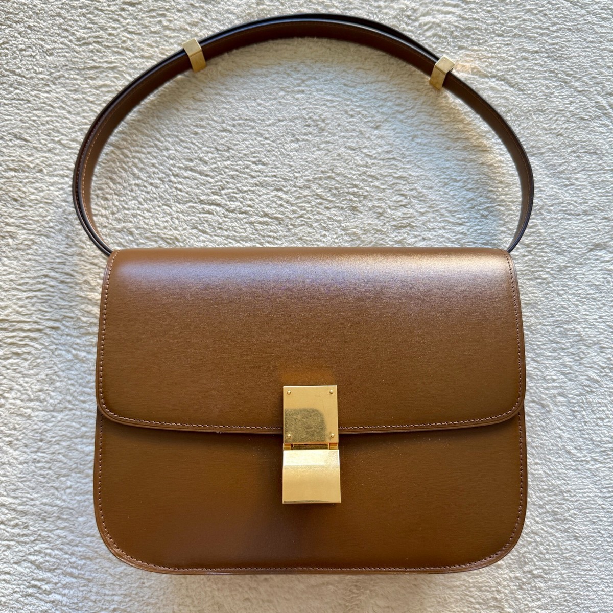 CELINE Classic Push Lock Closure Shoulder Bag Medium Brown Camel
