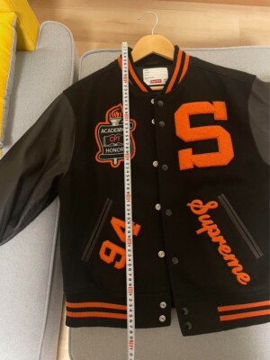 Supreme Team Varsity Jacket Black Leather Sleeve 2019 Black Orange