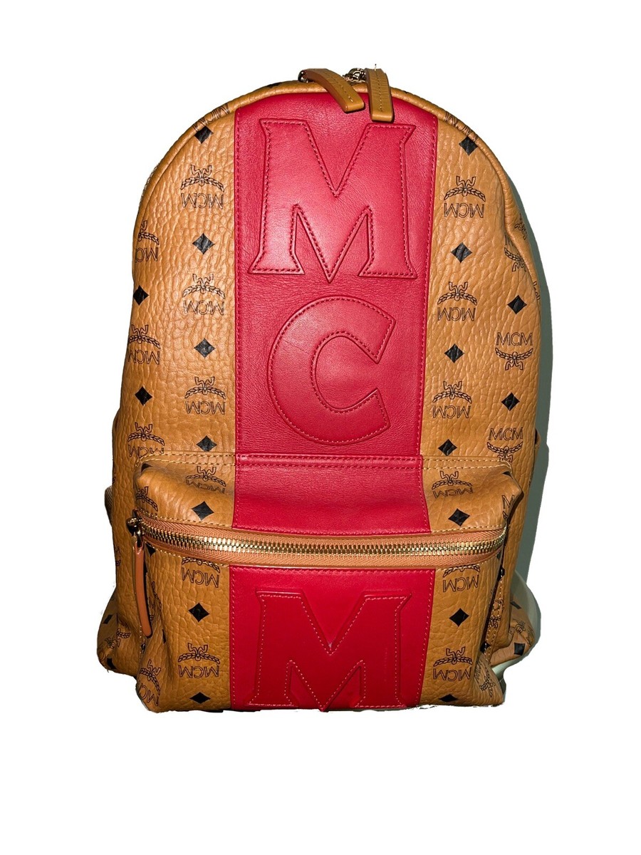 MCM Visetos Medium Stark Logo Stripe Backpack Cognac Red | eBay