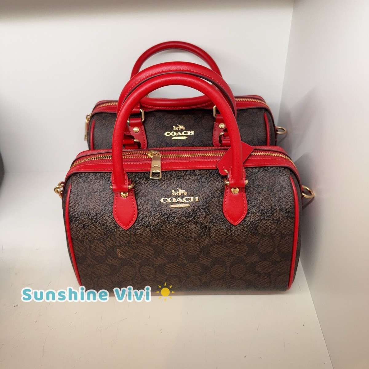 NWT Coach Rowan Satchel In Signature Canvas CV961 Walnut /Bold Red