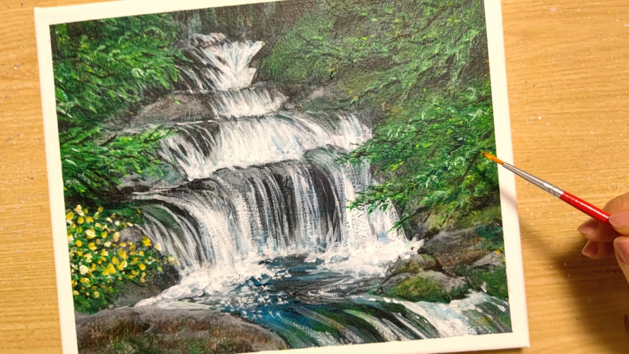 How to draw a waterfall with acrylic paint / Forest landscape