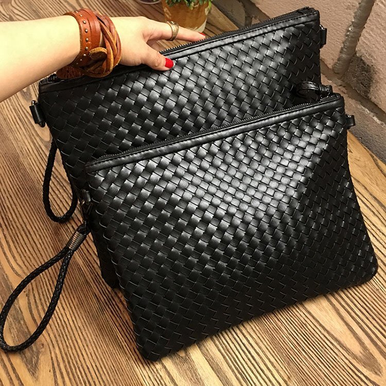 メンズクラッチバッグ 編み込み レザー ストラップ付き 格子編み