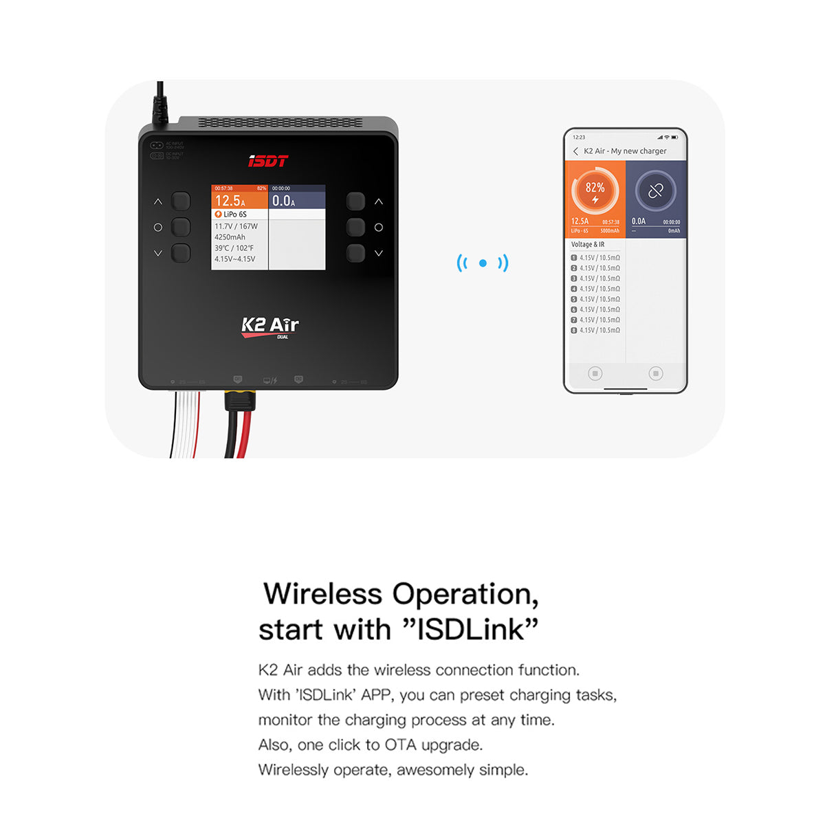 K2 Air BluetoothリモートコントロールLipo充電器、AC/DC 200W/500WX2
