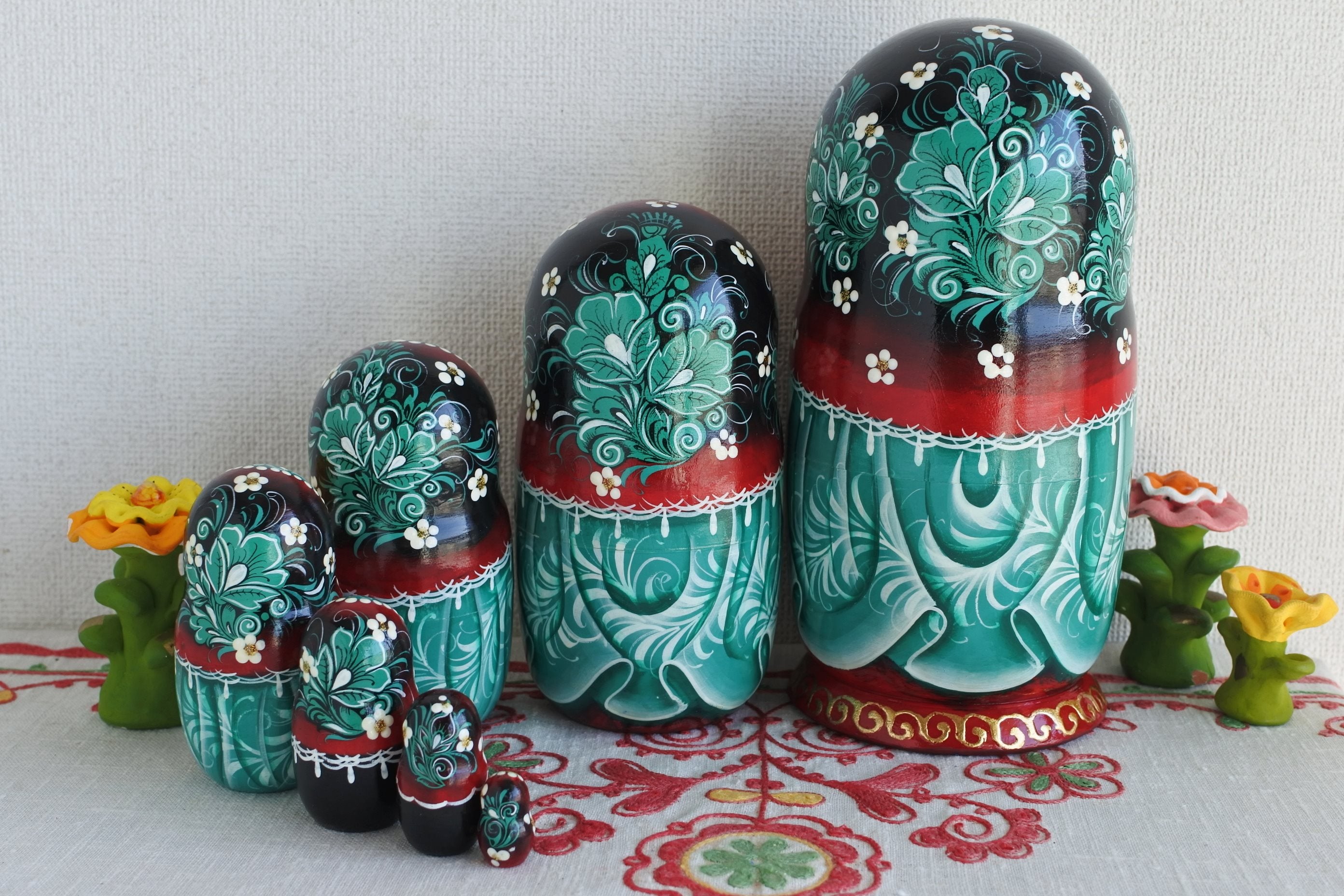 マトリョーシカ 7ピース ロシア民芸品 グリーン 小鳥 ロシア雑貨いりえ