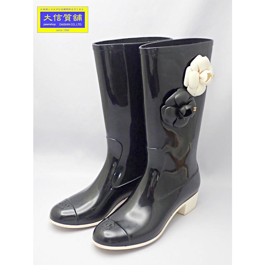 CHANEL（シャネル） レインブーツ ブラックxアイボリー 37 カメリア