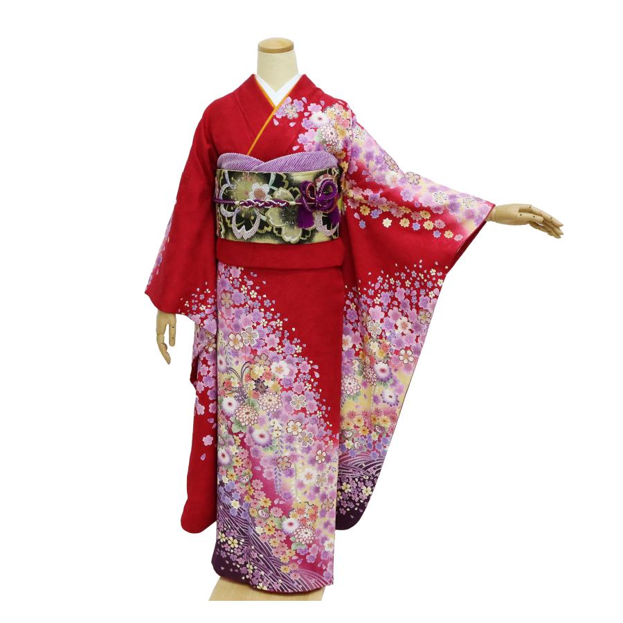 振袖 中古 フルセット 正絹 一式 格安 美品 リサイクル 赤 ヒップ