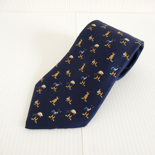 HERMES（エルメス） #anzt ネクタイ 紺 シルク 総柄 ロゴ 動物