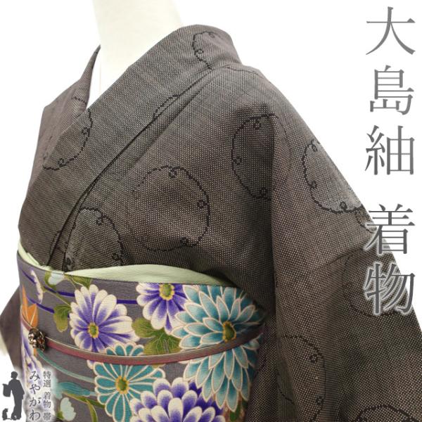 本場大島紬 着物 リサイクル 正絹 大島紬 泥染め 7マルキ こげ茶 雪輪