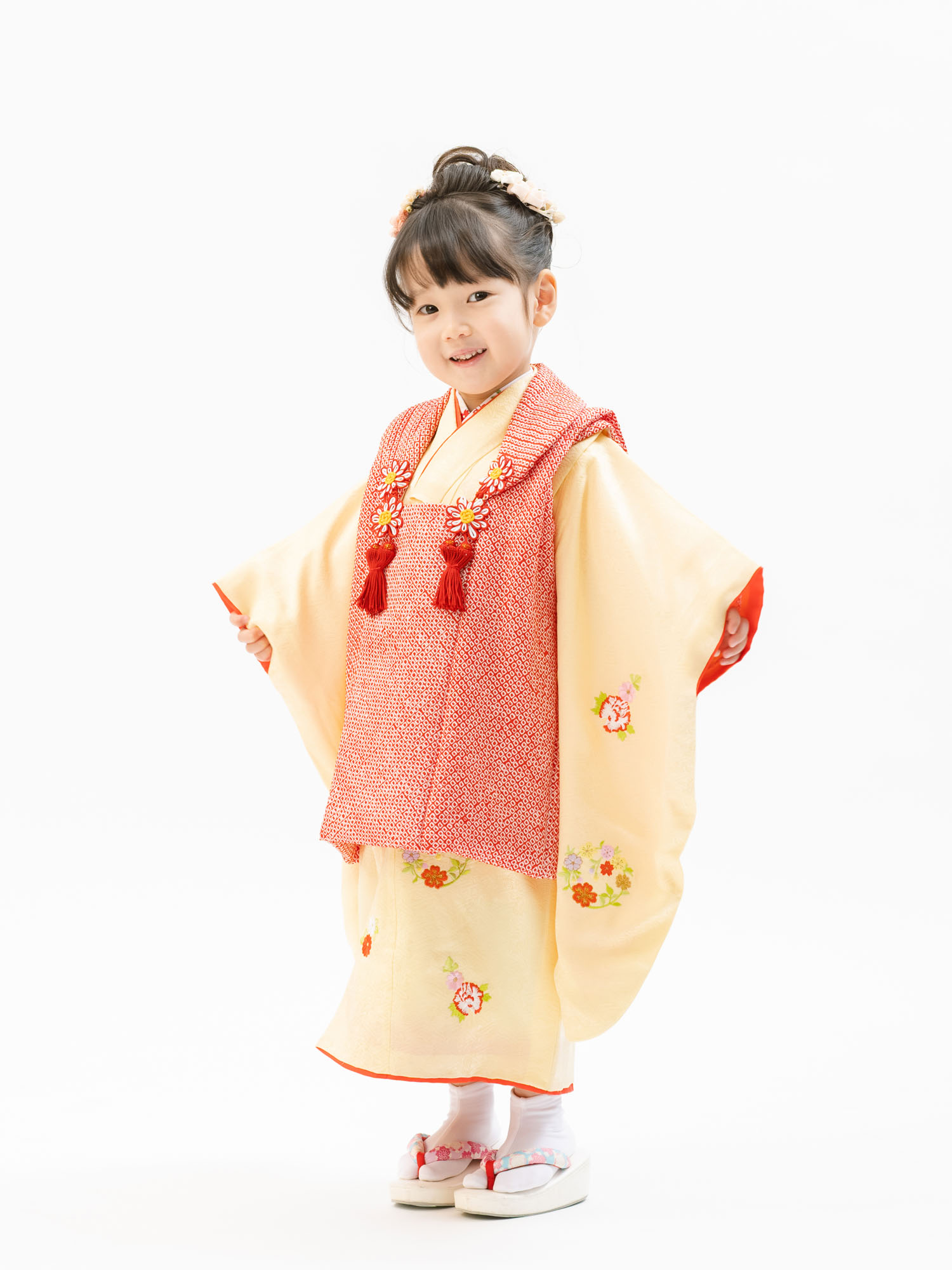 七五三の正絹着物レンタル】 三才の女の子用被布セット 着物：黄色
