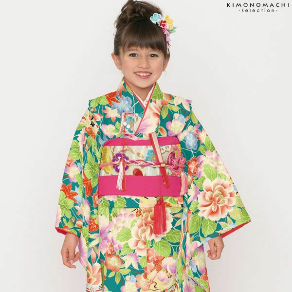 Prices down5】七五三四つ身「青緑色 扇、古典花柄」Shikibu Classic 7