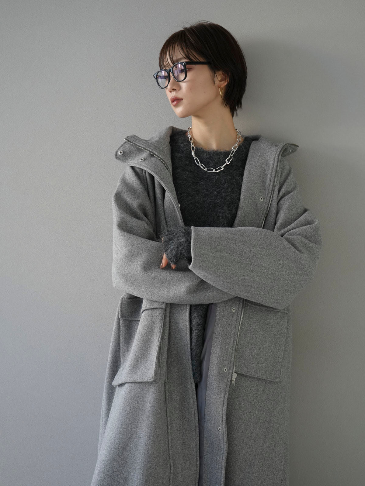 じゅんたん PHILOSOPHY くるみボタン ウール コート グレー ストラップ