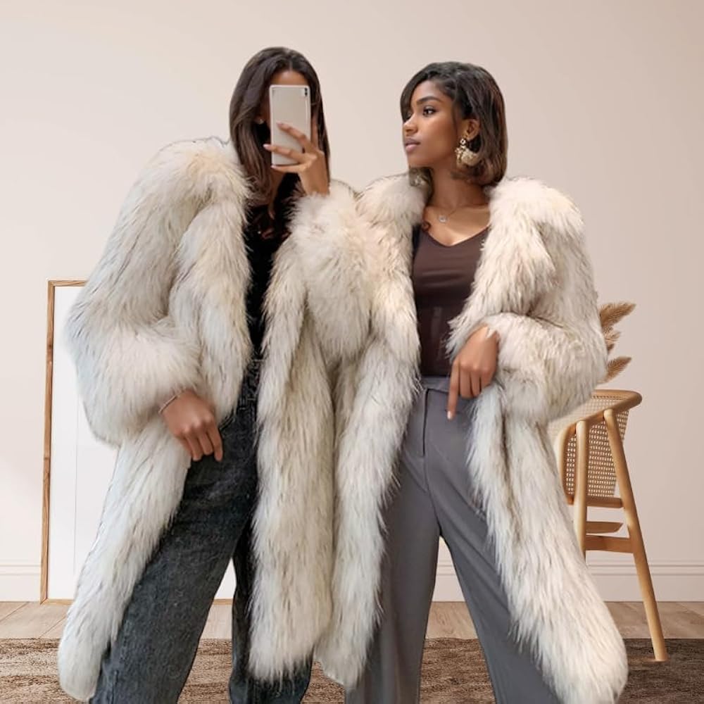 LRYBSA Shaggy Fluffy Faux Fur Coat Long Sleeve Long Jacket,Grey