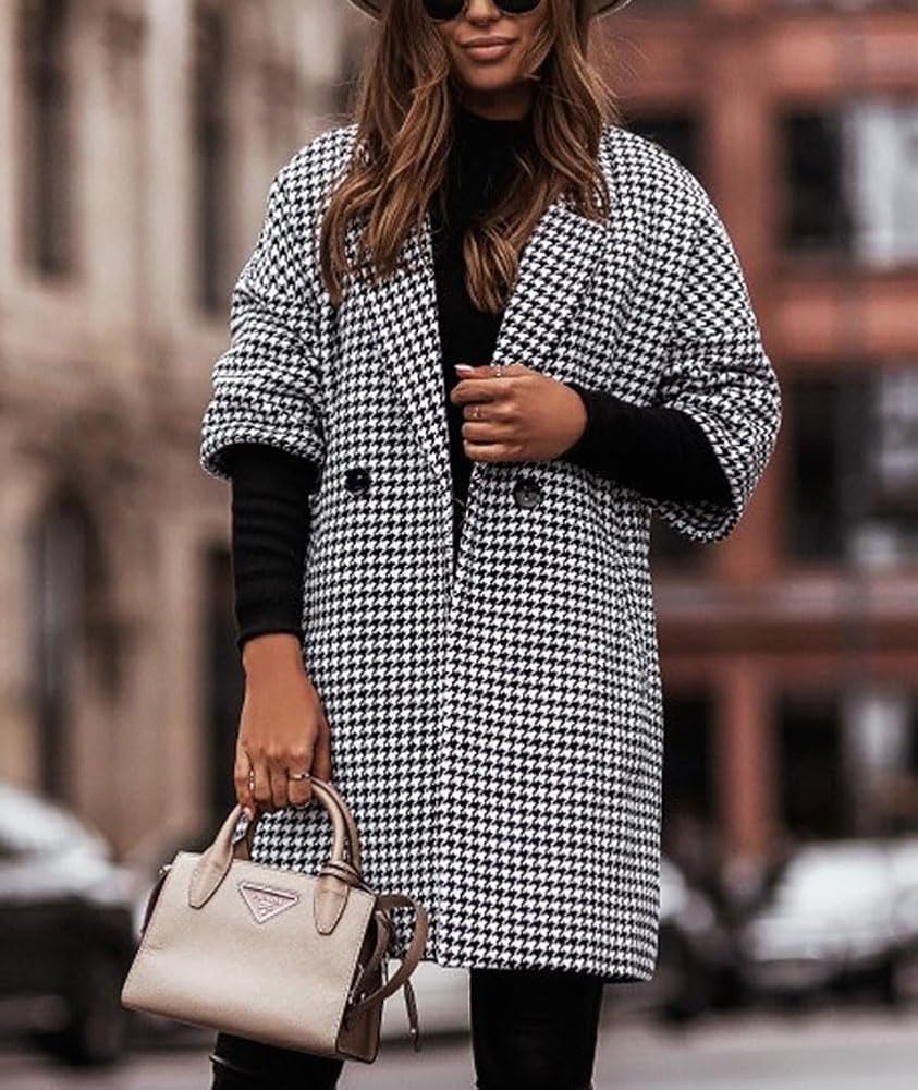 Amazon.com: chouyatou Women's Elegant Houndstooth Plaid Wool Coat