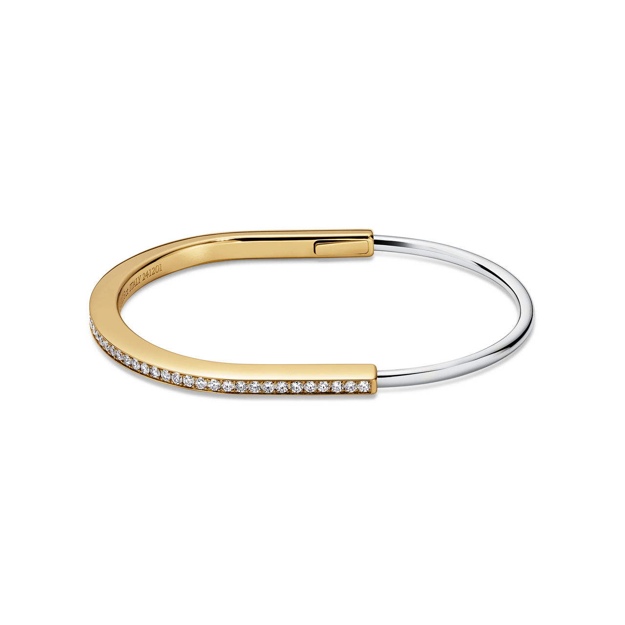 Tiffany Lock:Narrow Bangle in Yellow and White Gold with Half Pavé