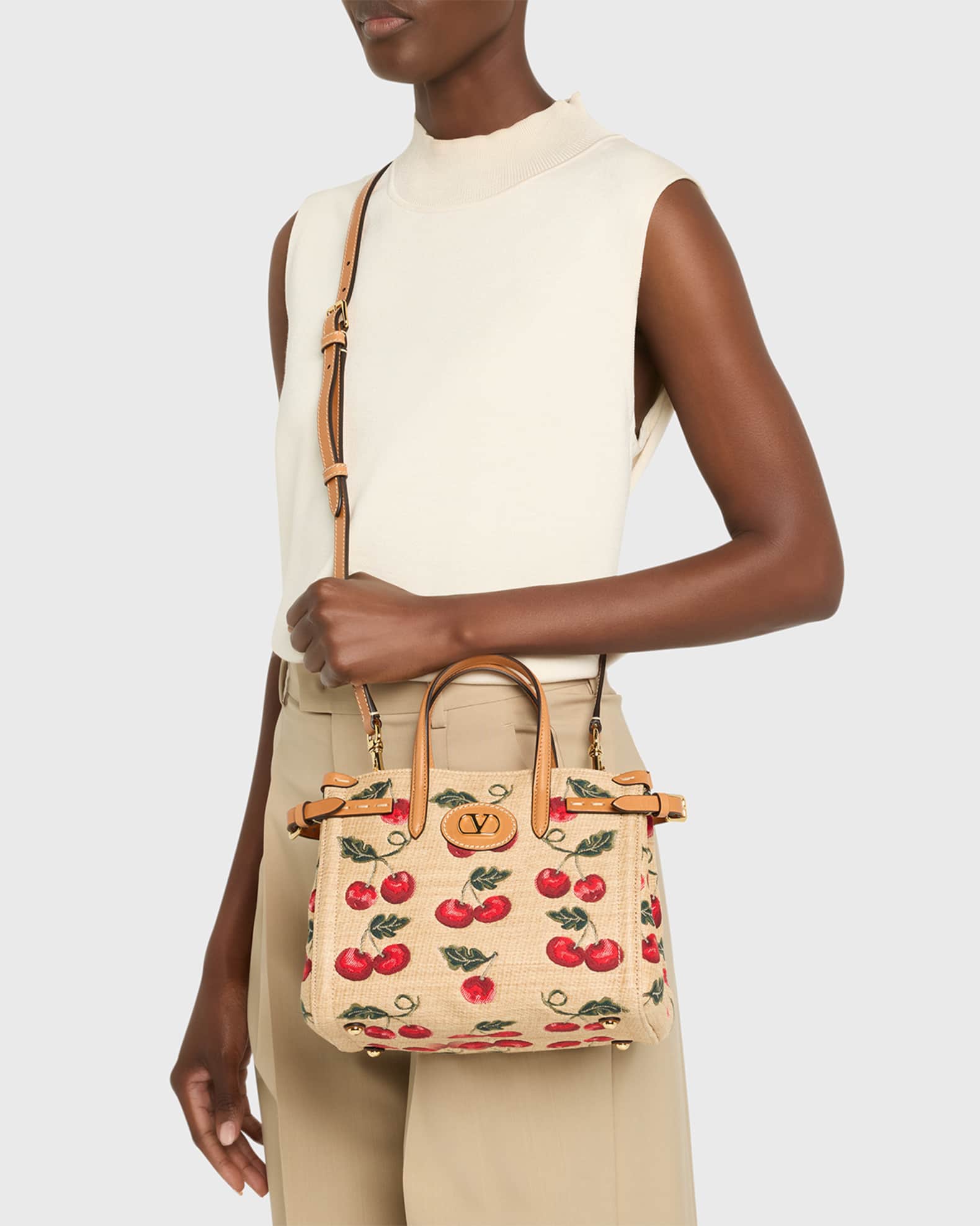 Valentino Garavani Antibes Small Raffia Cherry Jacquard Tote Bag