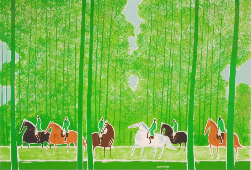 馬の絵画をリトグラフの版画で制作したセルジュ・ラシスの馬の絵「緑の