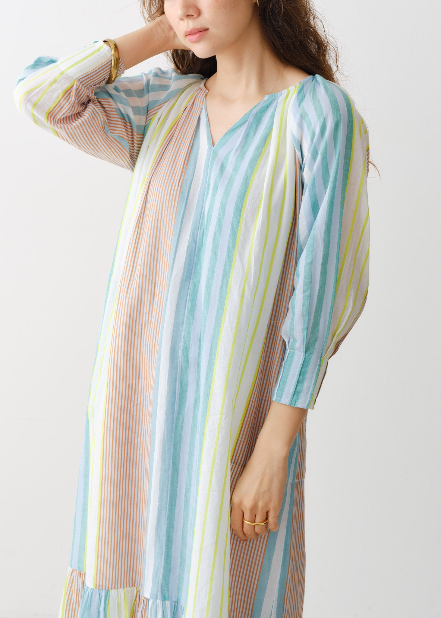 Cotton Voile Stripe Gather Neck Dress | Pasand by ne Quittez pas
