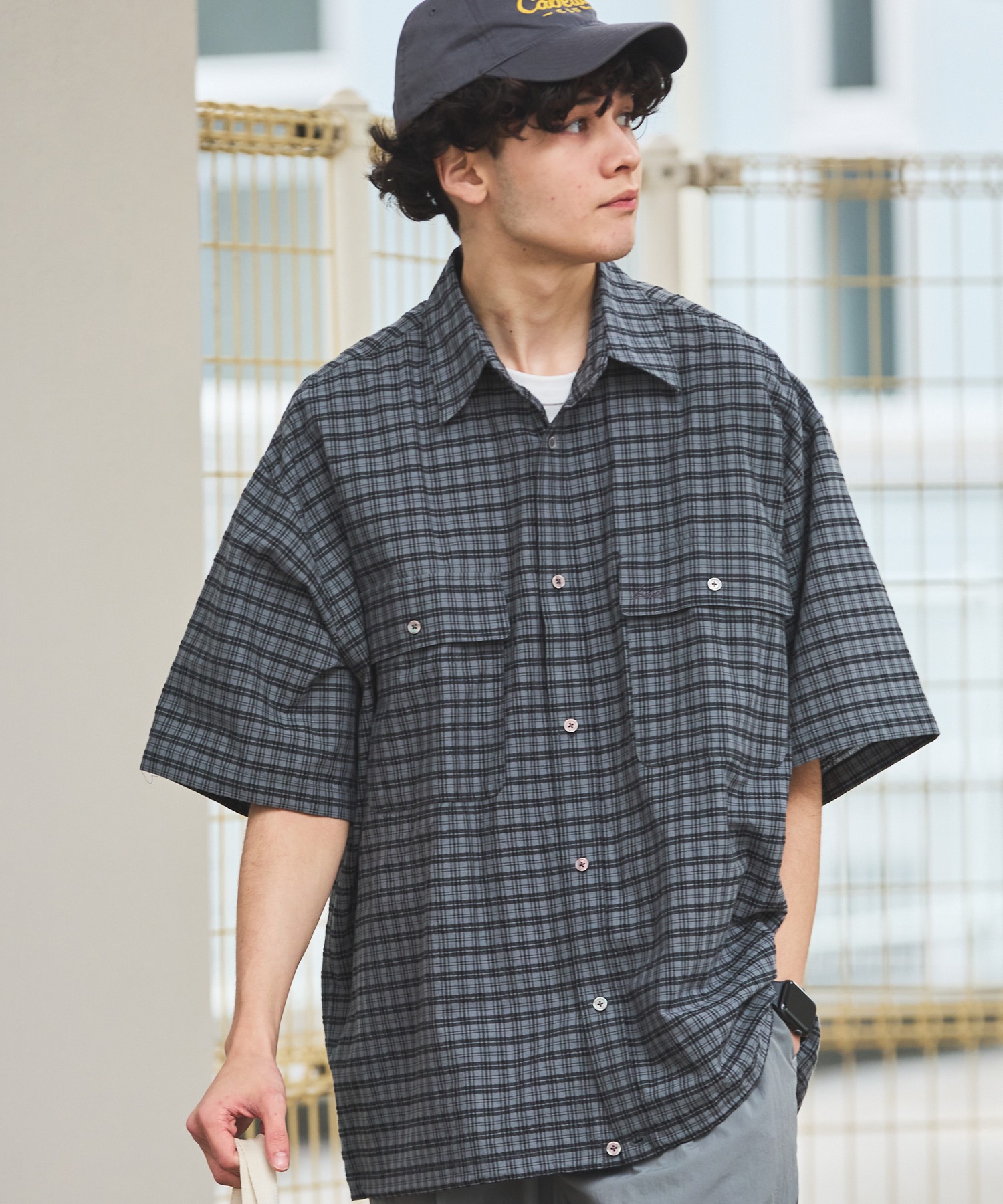 HECT】Big W-pocket Draw Cord Seersucker Check S/S Shirt / ビッグ