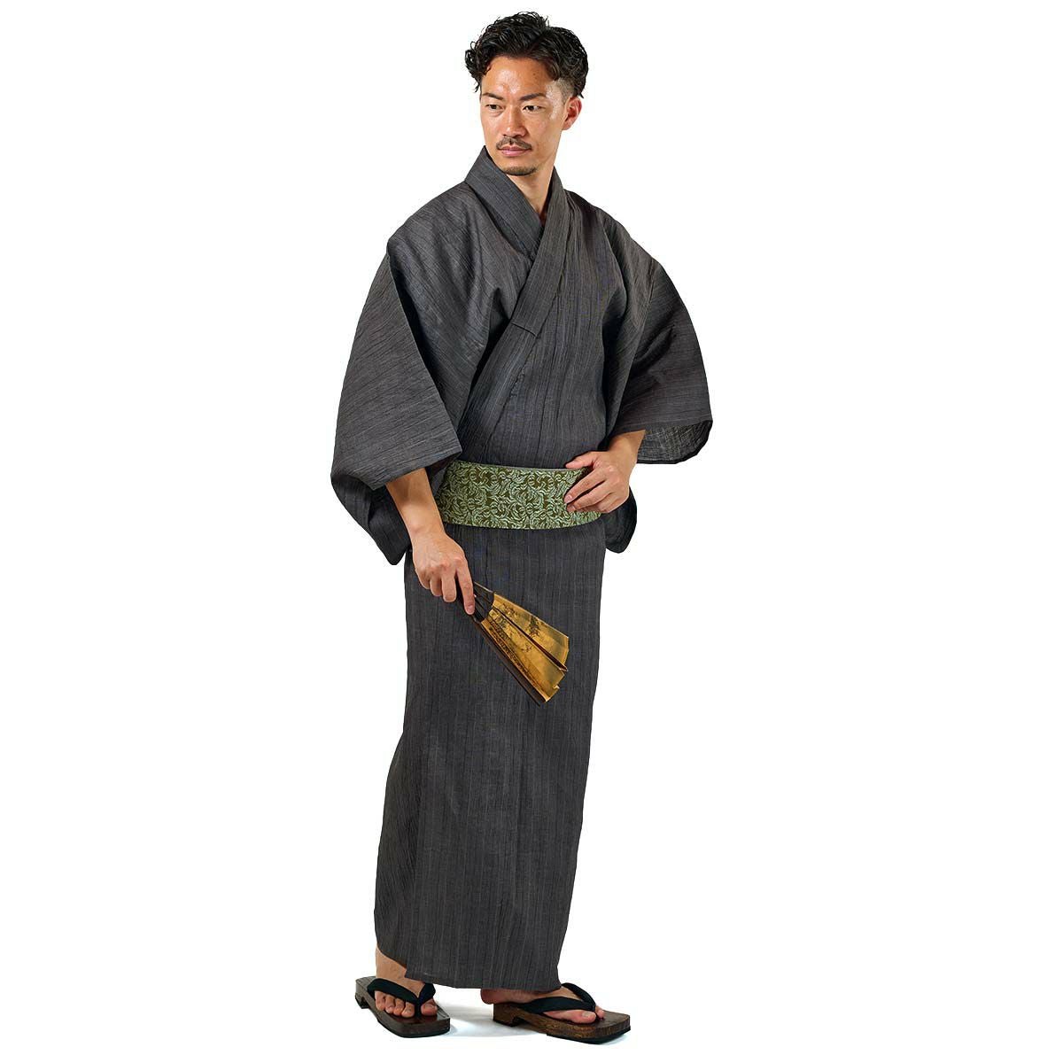 メンズ浴衣 単品 夏着物 近江ちぢみ本麻 濃グレー 165cm～185cm前後