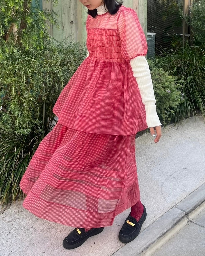 Gingham organza tuck skirt (red)