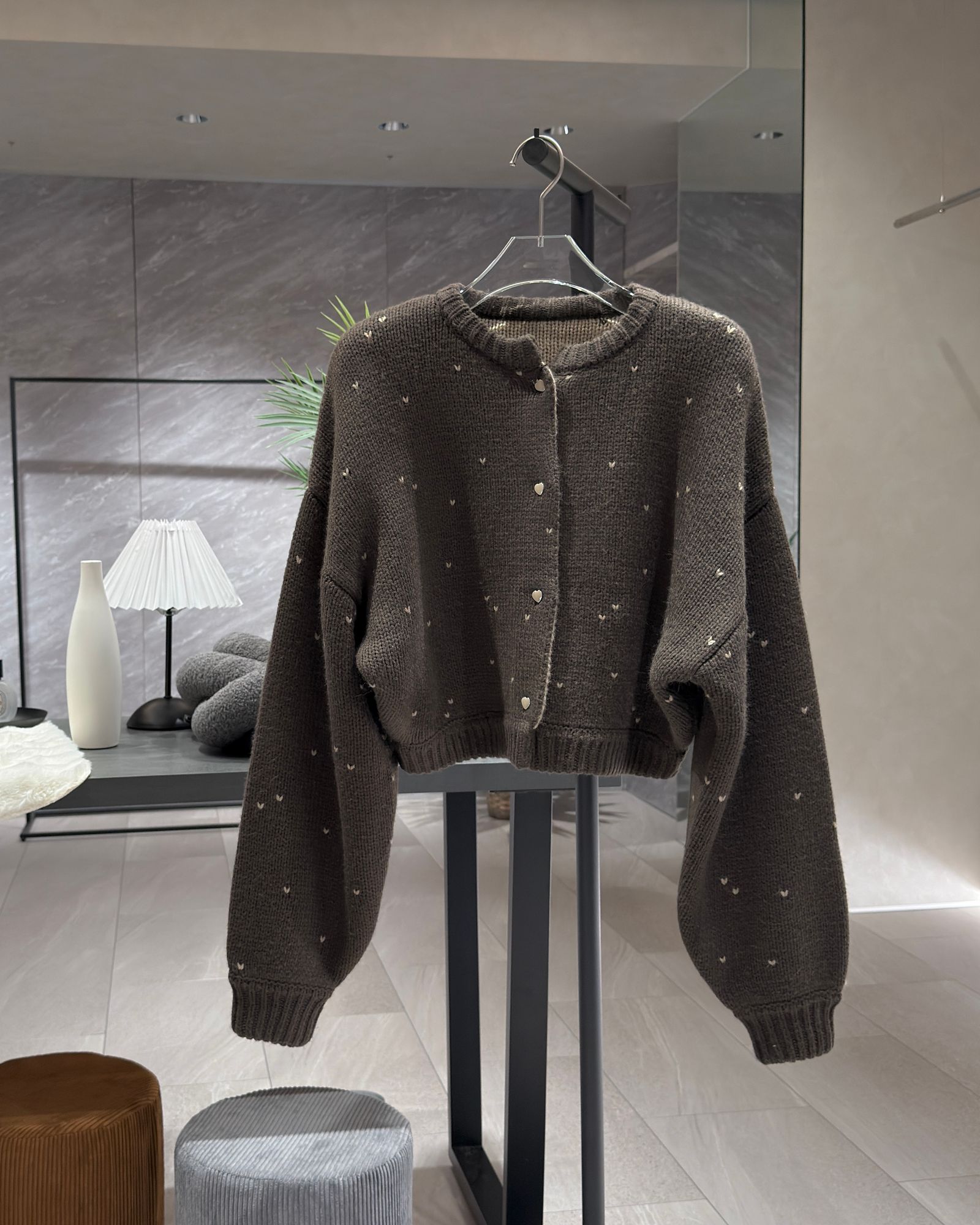 WILLFULLY - heart dot jacquard reversible cropped knit cardigan