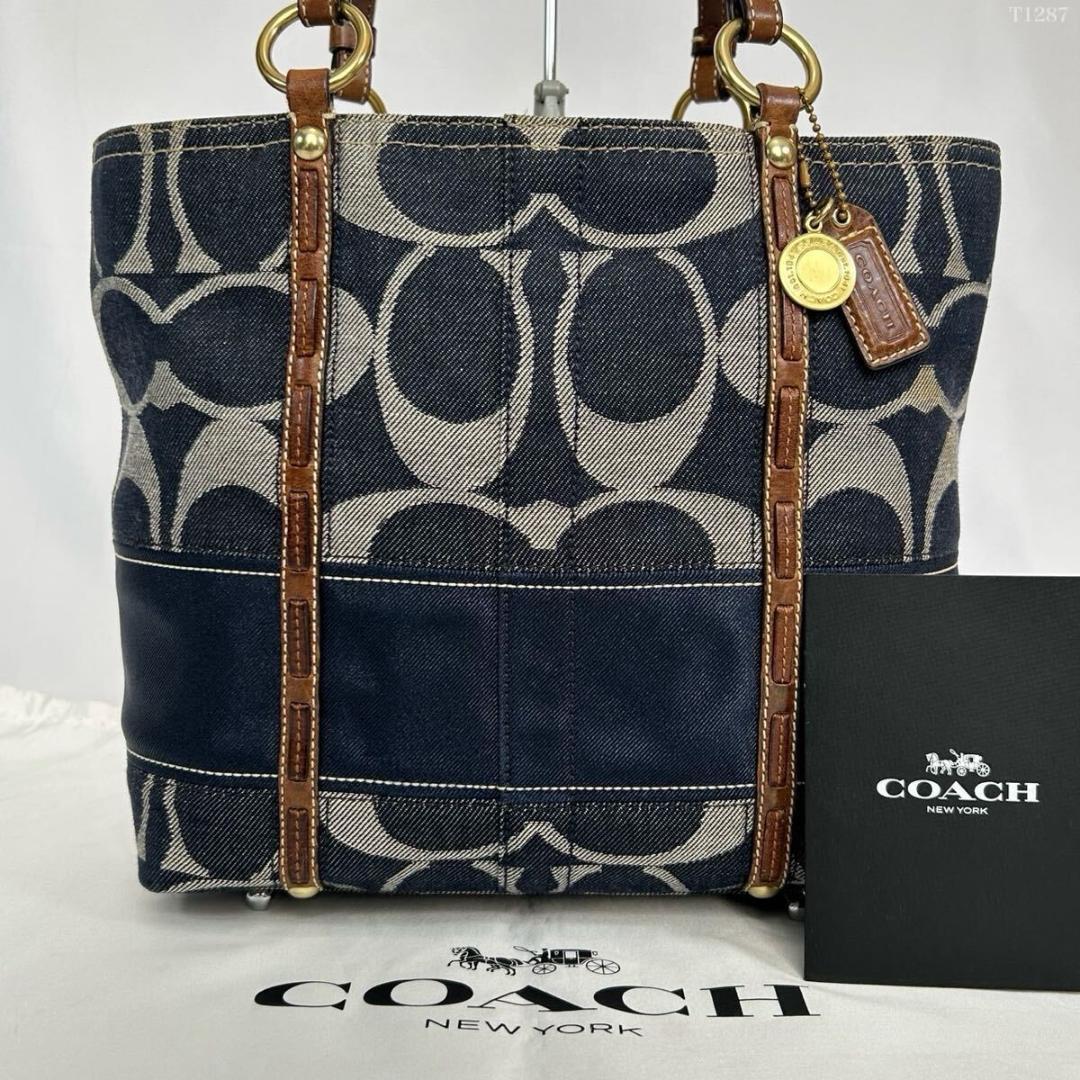 【美品】コーチ 11179 トートバッグ シグネチャー デニム レザー A4可 美品】コーチ 11179 トートバッグ シグネチャー デニム レザー A4可
