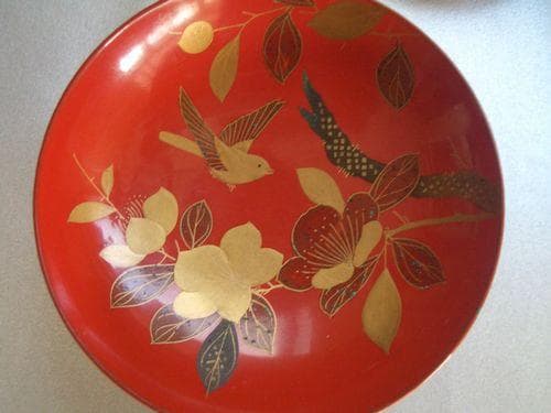 お値下げ！輪島塗 金蒔絵 花鳥 松に鶴紋様 三重盃 朱塗 漆器 盃杯 酒器 お値下げ！輪島塗 金蒔絵 花鳥 松に鶴紋様 三重盃 朱塗 漆器 盃杯 酒器