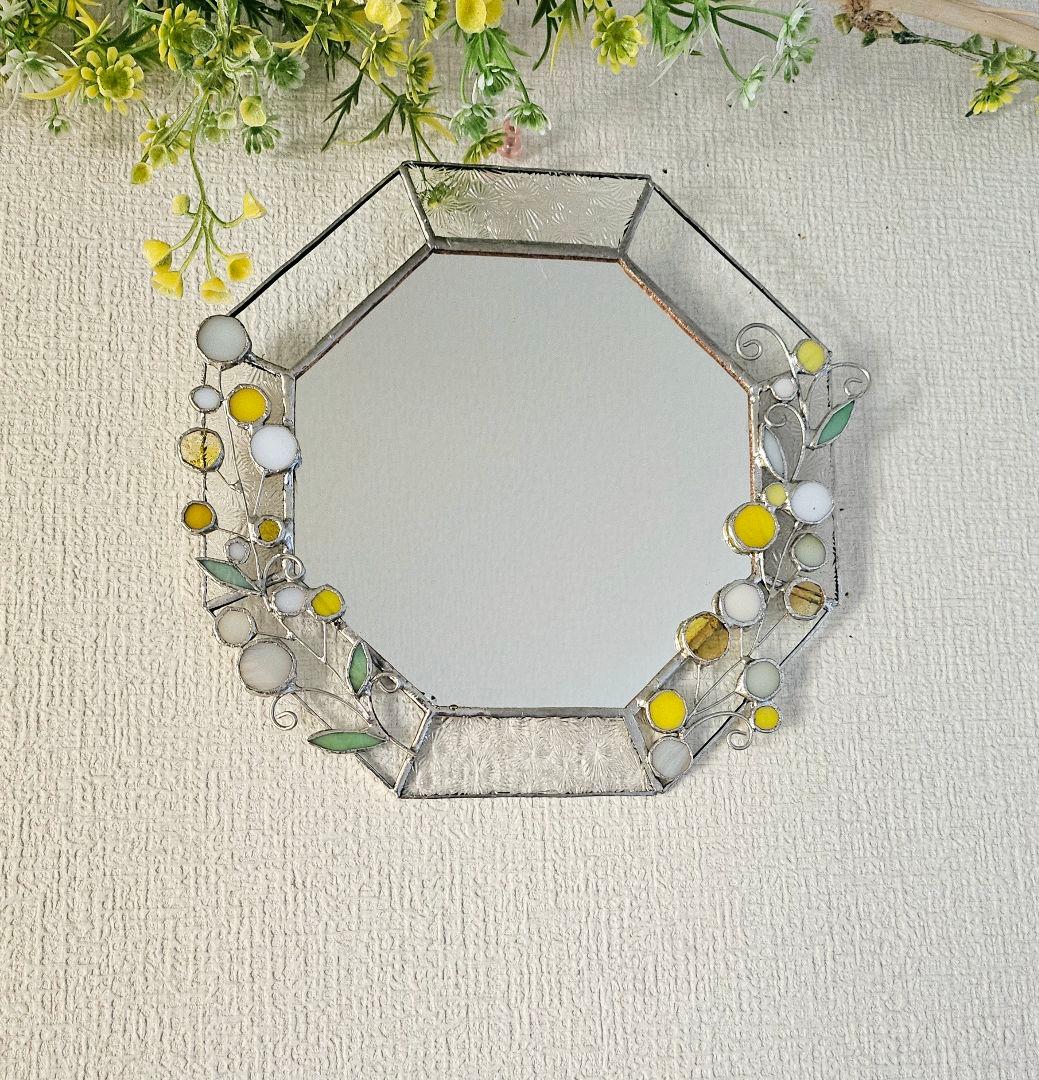 ✴︎:.。アネラ様　オーダー作品♪ ミモザの八角形鏡 ミモザの八角形の鏡 (20size/max21） ステンドグラス ドレッサー