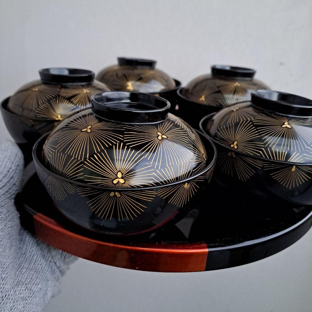 輪島塗 御吸物椀×5客】布着本堅地 亀甲松