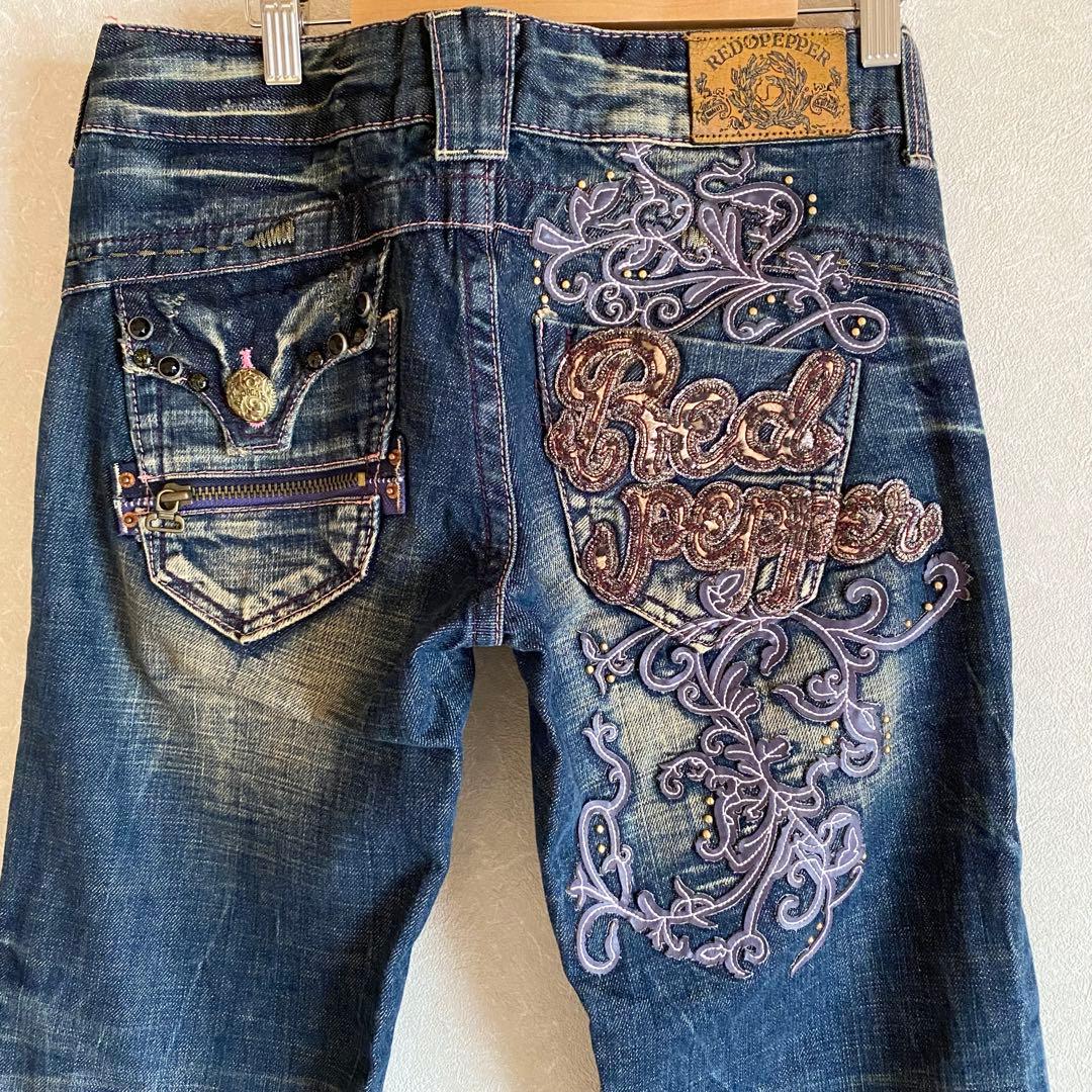 レッドペッパー　フレア　 デニム　27 インディゴ　刺繍　スタッズ　y2k 平成 レッドペッパー フレア デニム 24 インディゴ 刺繍 スタッズ y2k 平成
