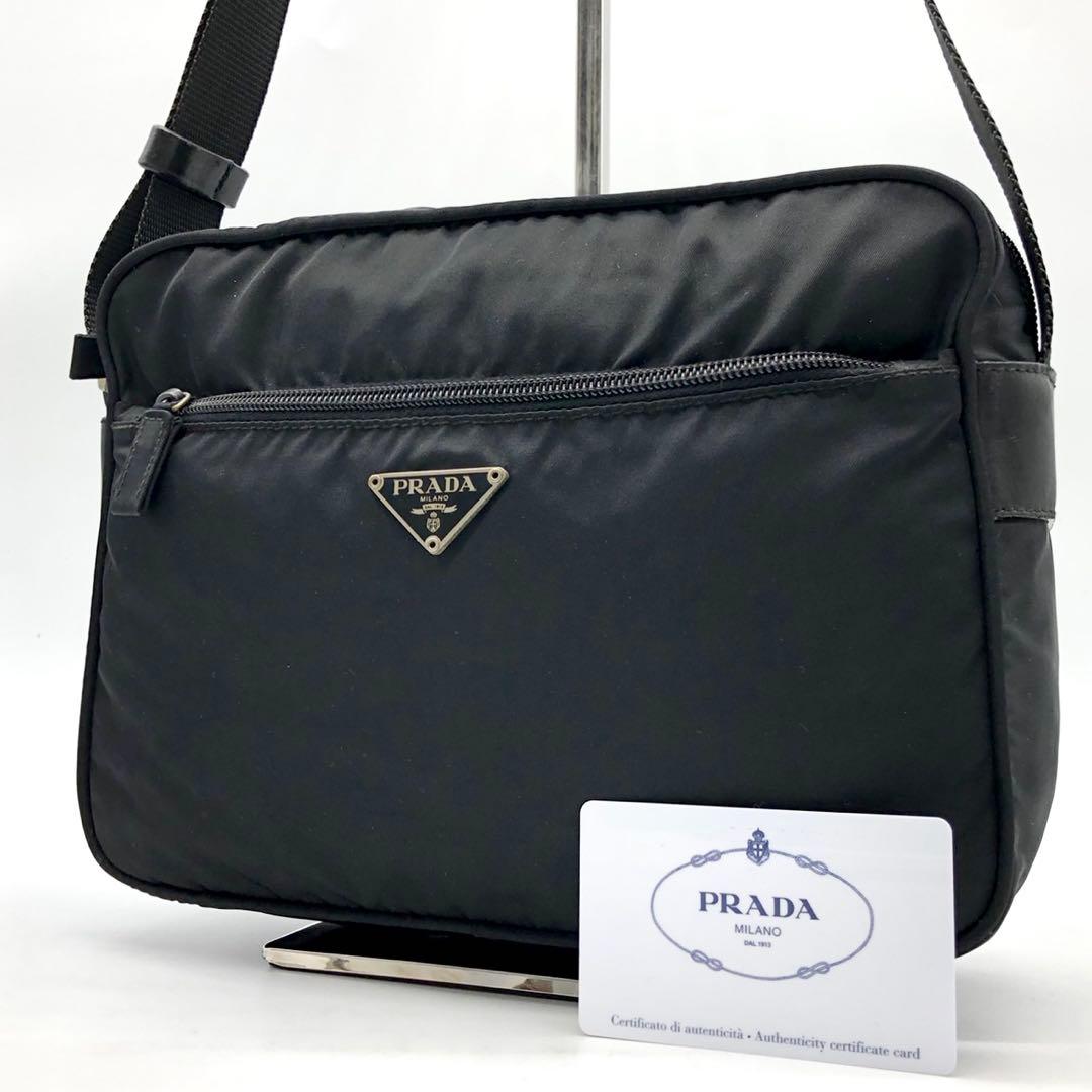 ✨美品✨プラダ ショルダーバッグ 三角ロゴ シルバー金具 ナイロン レザー 黒 PRADA 三角ロゴ金具ナイロンレザーワンショルダーバッグ | Hedy