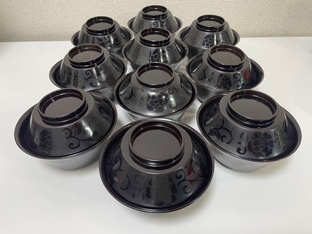黒漆器 黒漆 内黒塗 漆器 吸物 懐石椀 煮物椀 10客 唐草柄 アンティーク うさぎ唐草 ふた付き 高台 雑煮椀 13.5cm (黒内朱 ブラック) 漆器 山中