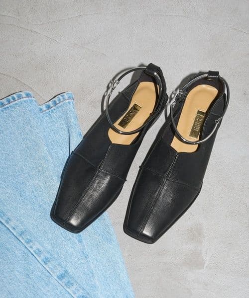 GRISE】レザースクエアクロスシームアンクルフラット BLACK 24cm